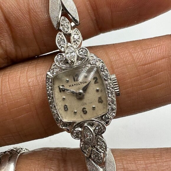 Vintage Hamilton Dinhofer Watch Women Platinum Diamond Bezel Manual Stretch main image 16